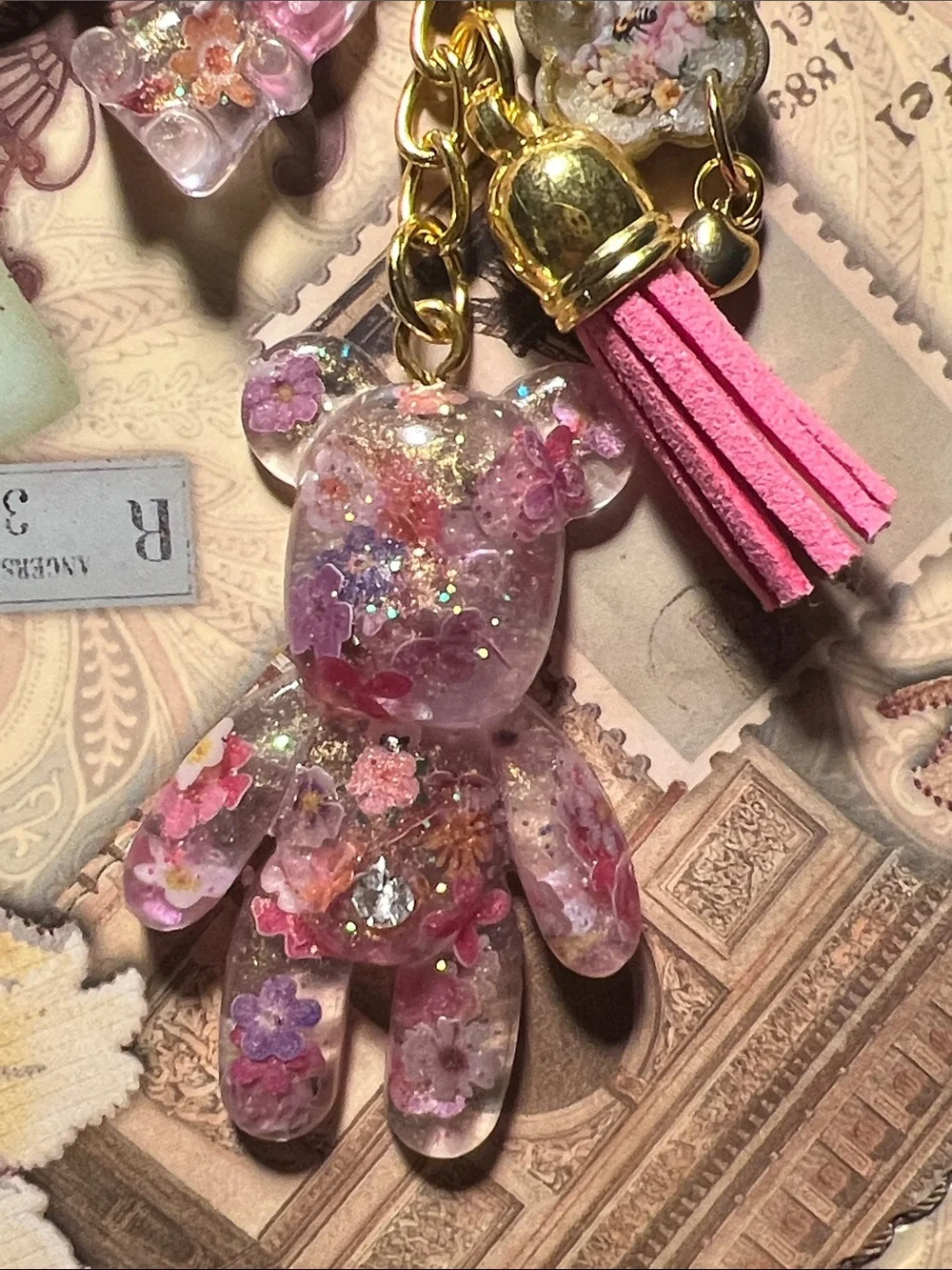 Gold Pink Floral Bear Keychain, backpack or purse Charm.
